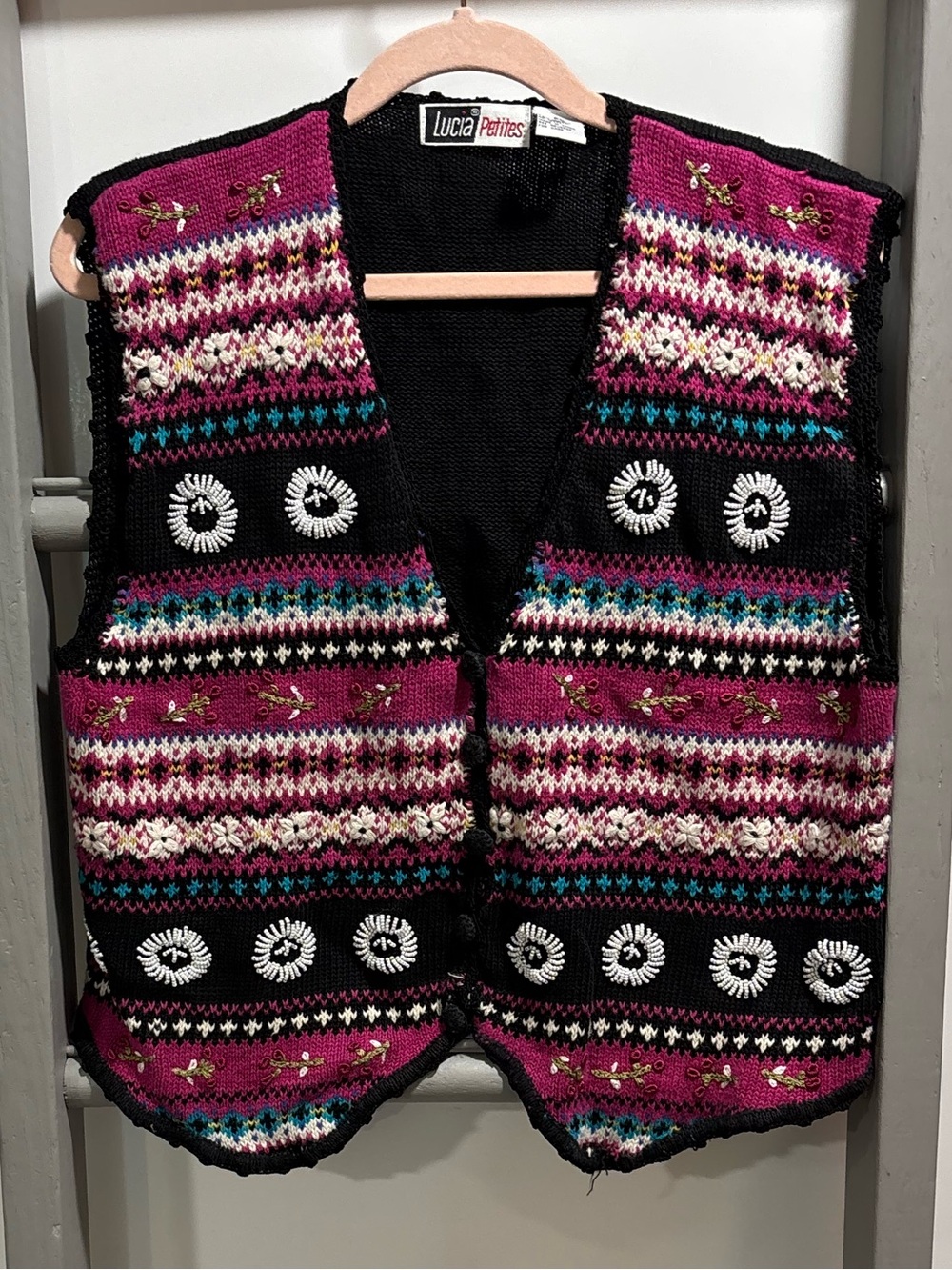 Lucca Fair Isle Knit Vest, bead, embroidery, cottagecore, 90’s, costal grandma